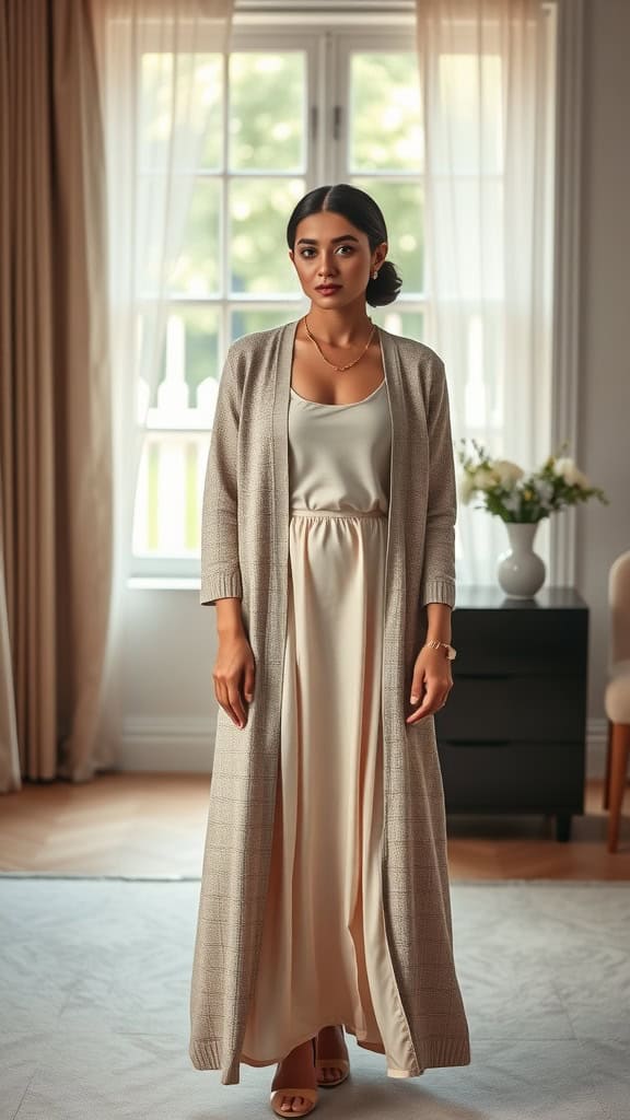 Model wearing a long cardigan over a tank dress, showcasing a modest and stylish outfit.