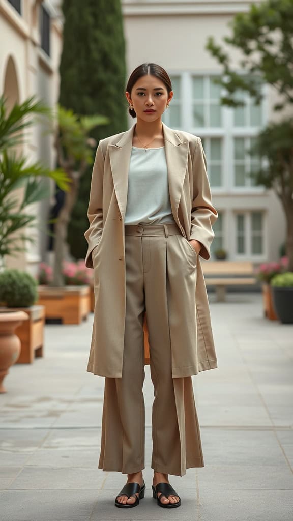 A model wearing a longline beige blazer over a light top and cropped beige trousers, standing in a courtyard.