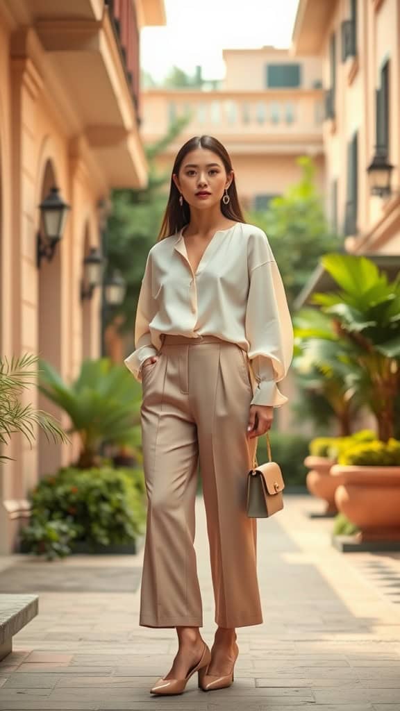 Woman wearing culottes and a flowy blouse, showcasing a trendy yet understated style