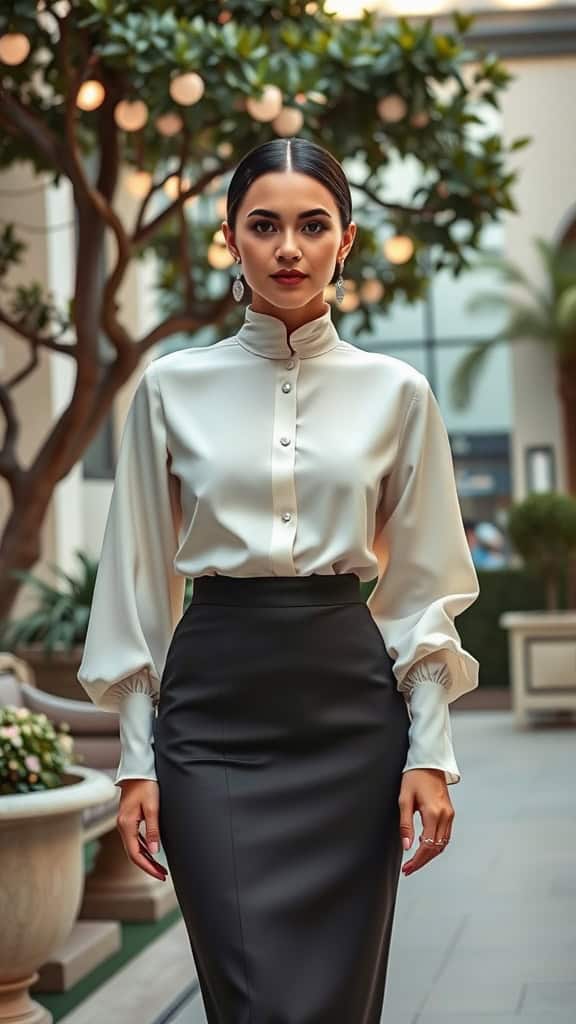 A woman in a high-neck blouse and pencil skirt, standing confidently in an elegant setting.