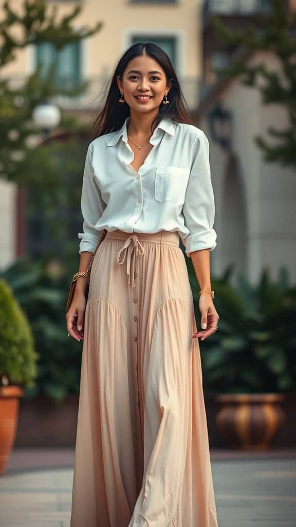 A woman smiling while wearing a button-up shirt and a flowing maxi skirt.