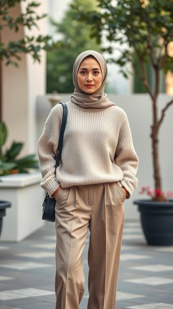 A woman wearing an oversized sweater and slim trousers, standing in a stylish outdoor setting.