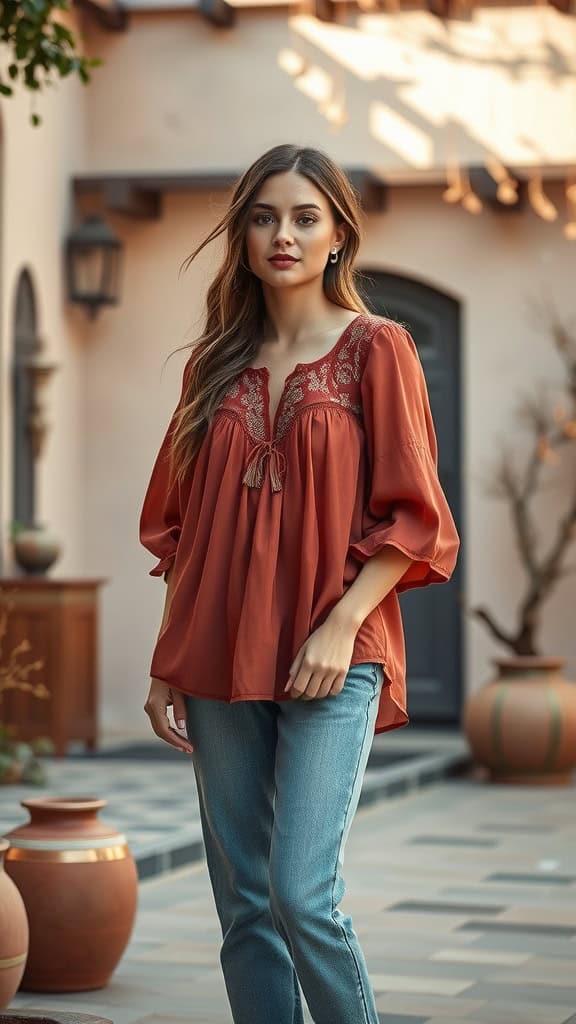 A woman wearing a rust-colored peasant blouse with intricate detailing, paired with straight-leg jeans in a stylish outdoor setting.