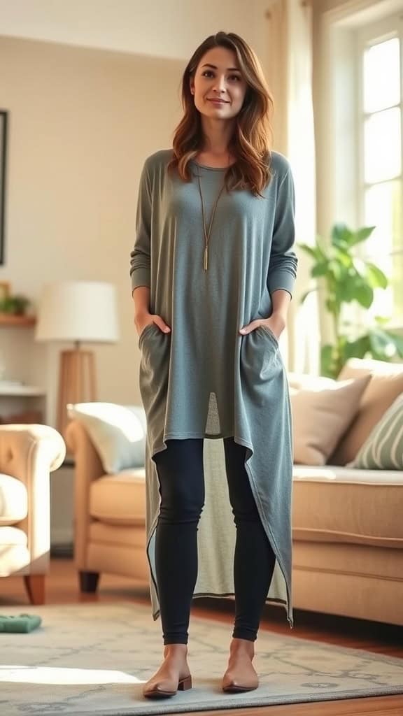 Model wearing a soft tunic top and leggings, with a stylish belt and heels, in a cozy indoor setting.