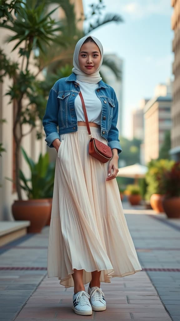 A woman wearing a flowy skirt, a white tee, and a cropped denim jacket, with a handbag and sneakers, standing in a vibrant outdoor setting.