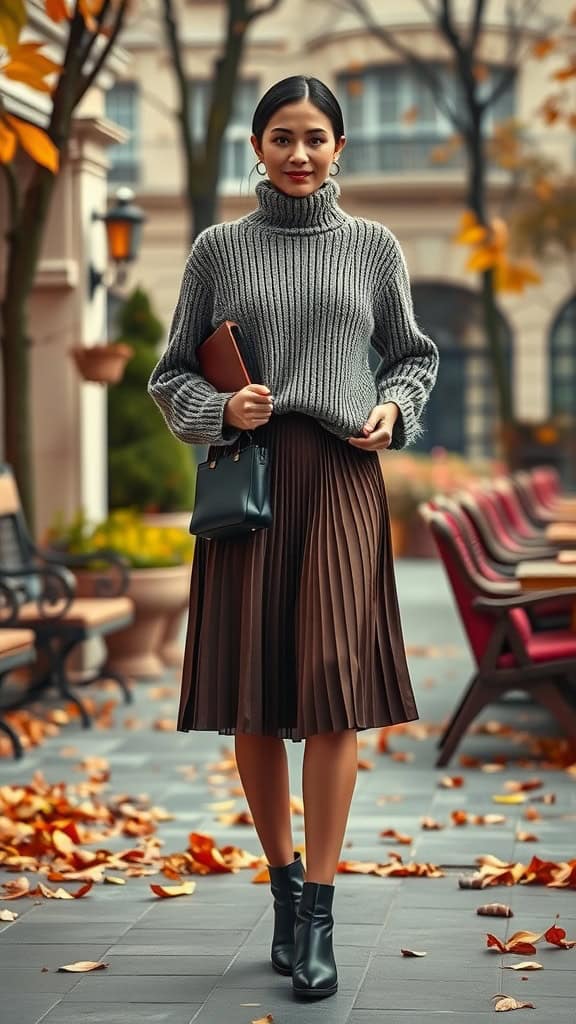 A woman wearing a grey oversized sweater, a brown pleated skirt, and ankle boots, walking in a park surrounded by autumn leaves.