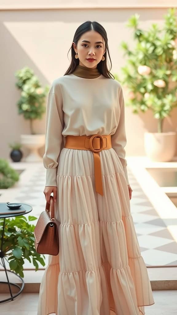 A woman wearing a flowy beige skirt, brown belt, and plain top, posing in a stylish indoor setting.