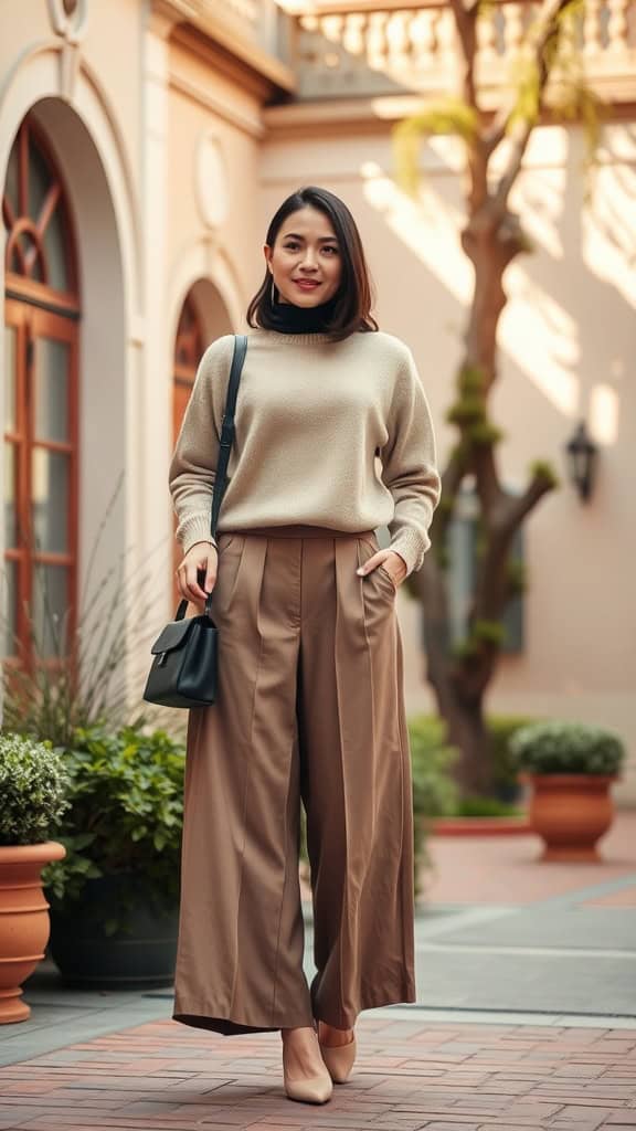 A woman wearing a beige crewneck sweater and brown culottes standing outside in a stylish pose.