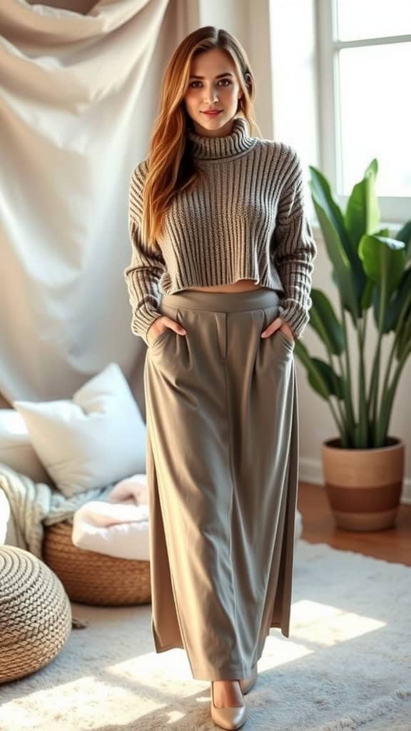 A mannequin displaying a cropped ribbed sweater paired with a high-waisted maxi skirt in a neutral color, set in a stylish indoor environment.