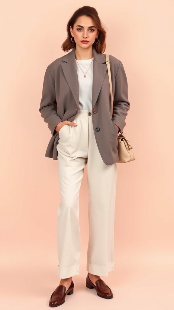 A woman wearing an oversized blazer and wide-leg pants, paired with loafers, standing in a stylish outdoor setting