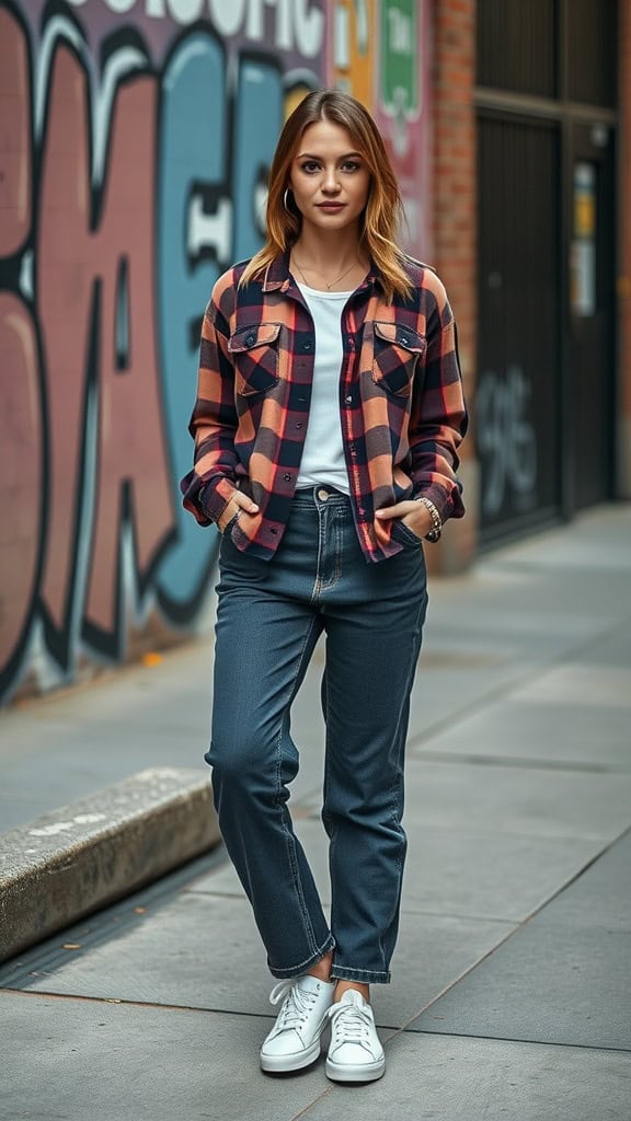 A woman wearing a plaid shirt and dark jeans, standing in a city alley with potted plants.