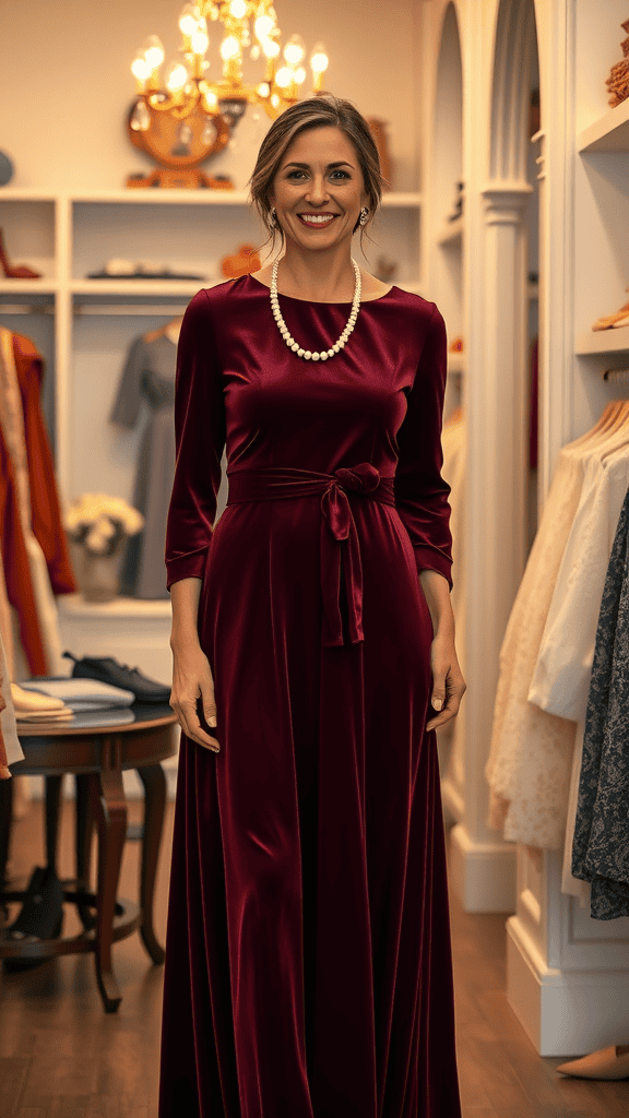 A modest velvet church dress displayed on a mannequin in a boutique, featuring long sleeves and a flattering silhouette.