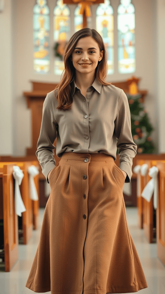 A young girl wearing a light blue button-up shirt, beige cardigan, and brown midi skirt in a church decorated for winter.