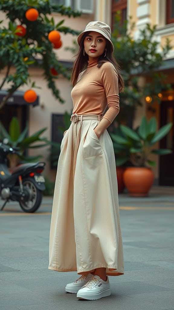 A model wearing a peach top, cream maxi skirt, and white platform sneakers, standing outdoors with a bucket hat.