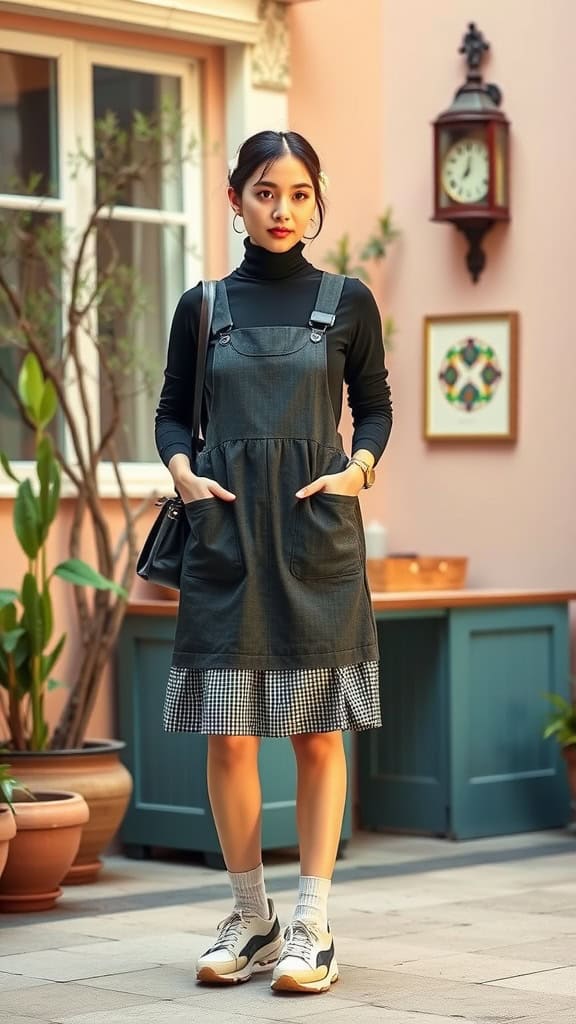 A young woman in a dark pinafore dress over a turtleneck, standing in a stylish outdoor setting.