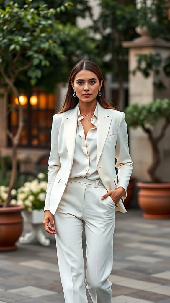 A woman in a white blazer and matching trousers stands confidently, showcasing a chic monochromatic outfit.