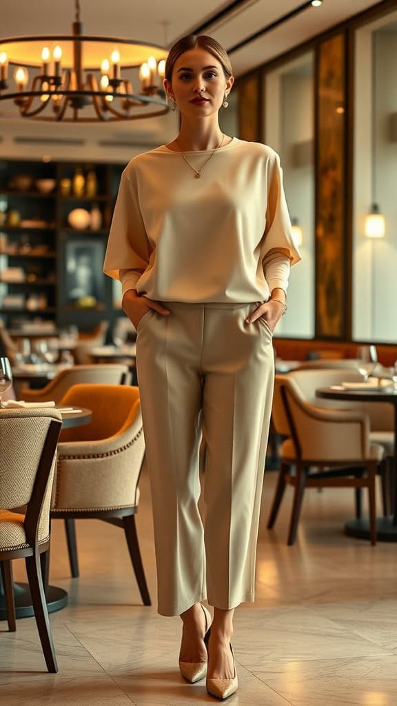 A woman in a monochromatic outfit with a matching top and skirt, paired with low heels, posing in a stylish restaurant setting.