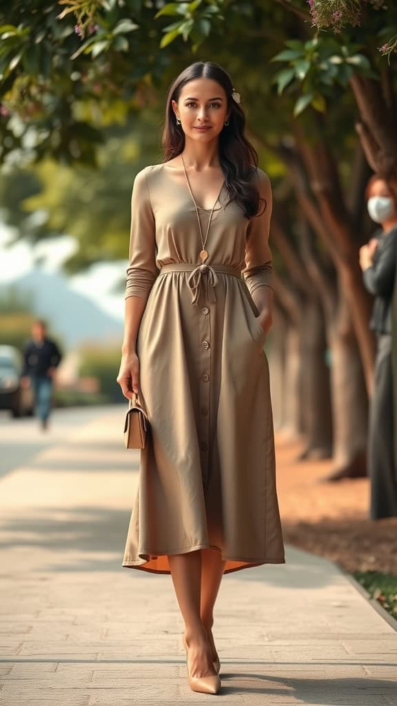 A woman in a neutral-toned dress with a belt, standing in a beautifully designed courtyard.