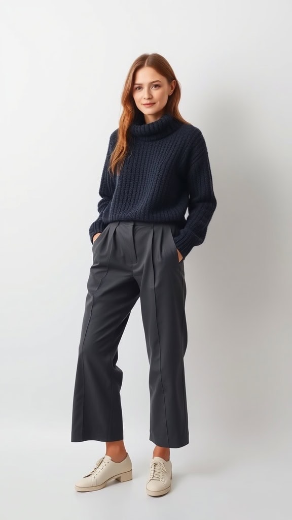 A model wearing a neutral knit top and wide-leg trousers, standing with a selection of modest outfits beside her.