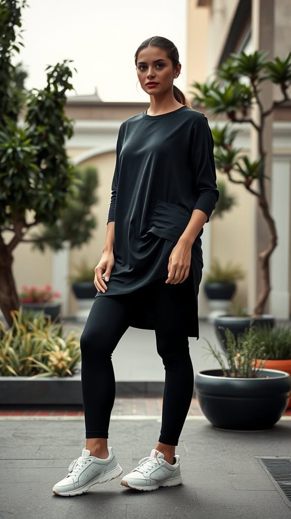 A woman wearing an all-black sporty outfit with a tunic-length top and leggings, paired with white sneakers.