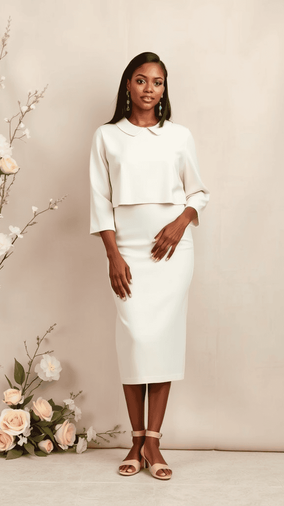 A matching top and skirt outfit in a soft pastel color, suitable for a church setting