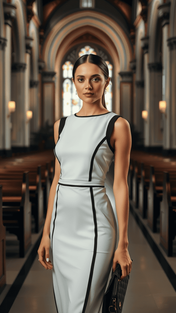 A woman in a stylish black monochrome outfit, standing inside a church, showcasing modest lines perfect for church events.