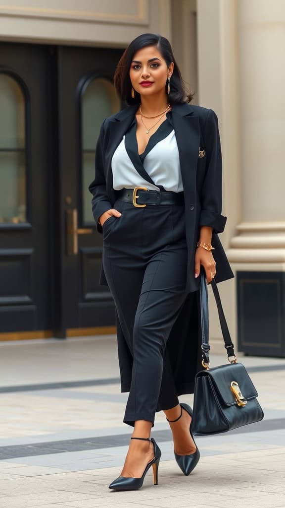 Four elegant monochrome outfits displayed on mannequins, showcasing tailored pieces in black and white with stylish accessories.