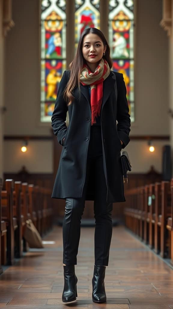 A woman in an all-black outfit standing inside a church, wearing a colorful scarf.