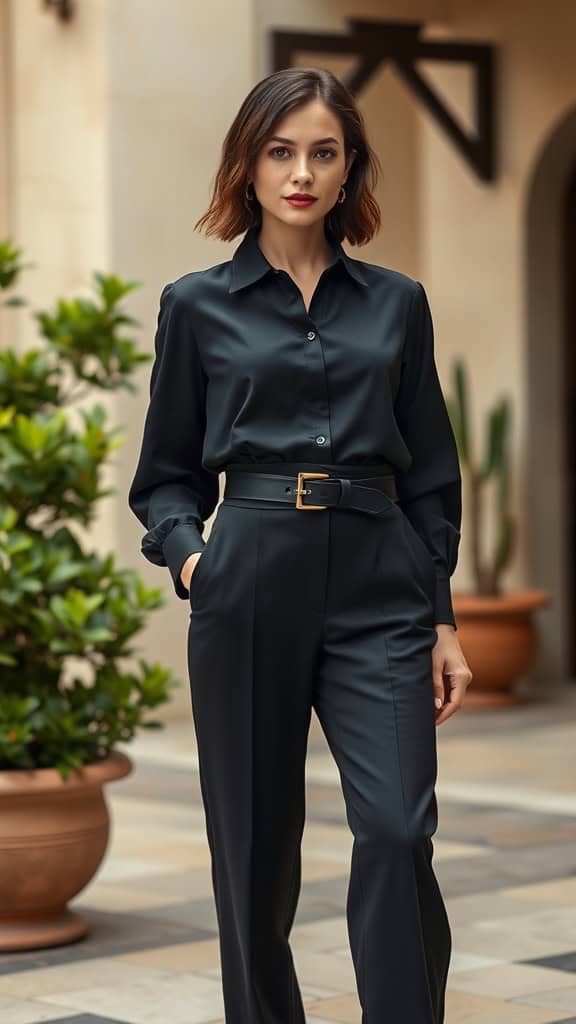 Woman in a stylish all-black outfit with a statement belt.