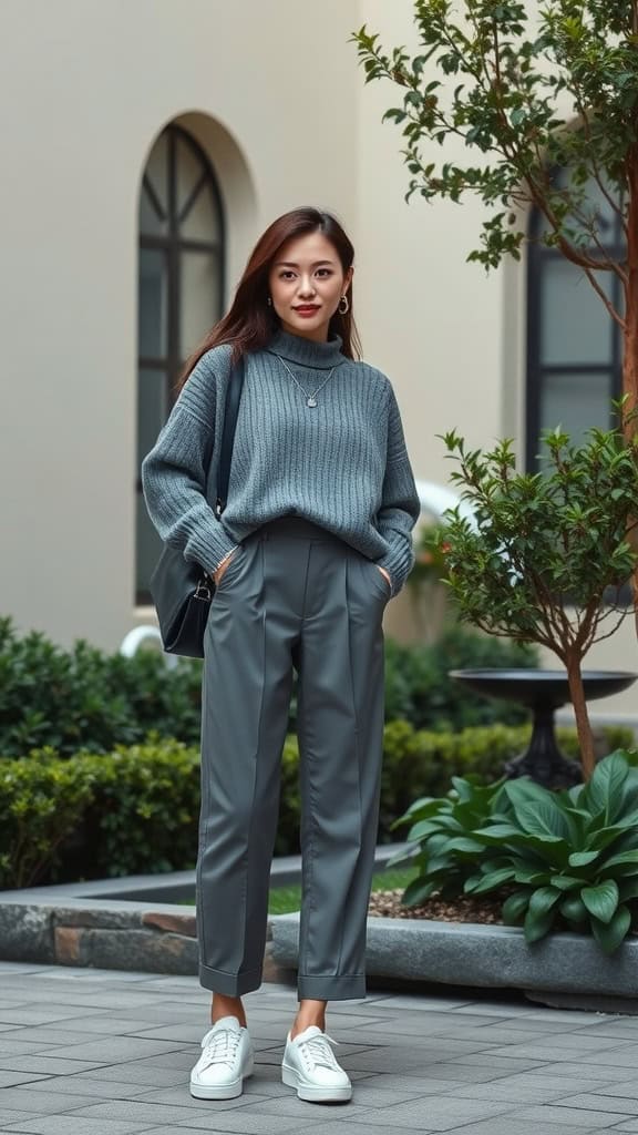 A woman in a gray sweater and gray chinos stands outside, wearing white sneakers and a black bag.