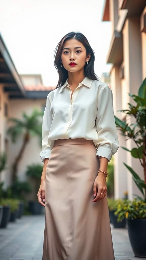 A fashionable young woman in a white blouse and beige skirt, standing confidently in an outdoor setting.