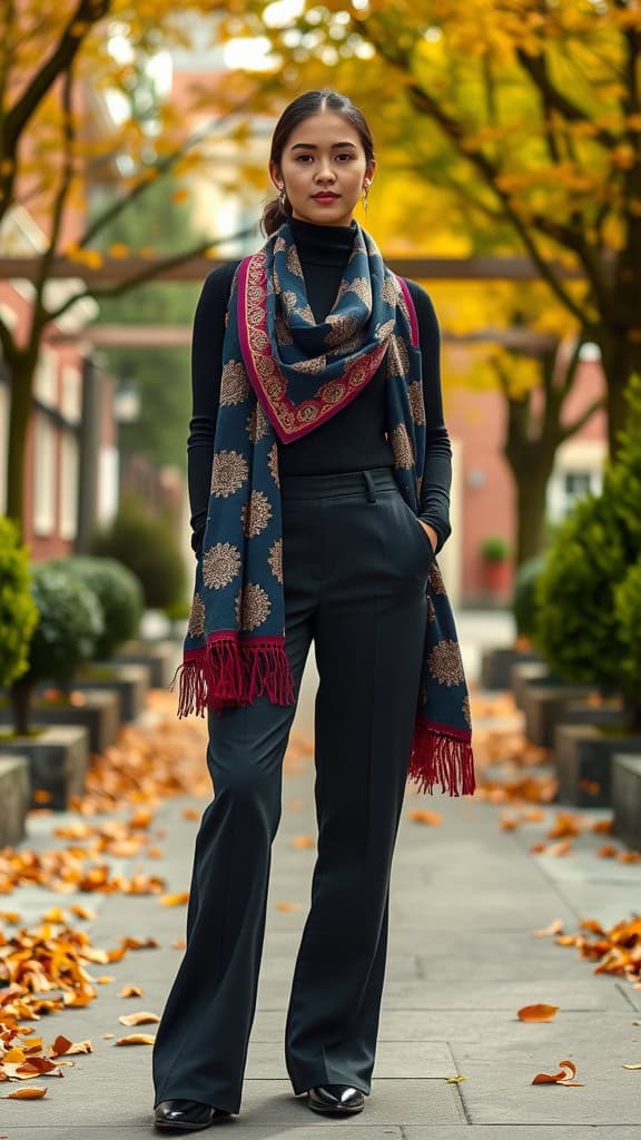 A young woman wearing a black turtleneck and black trousers with a colorful statement scarf, standing outdoors with autumn leaves.