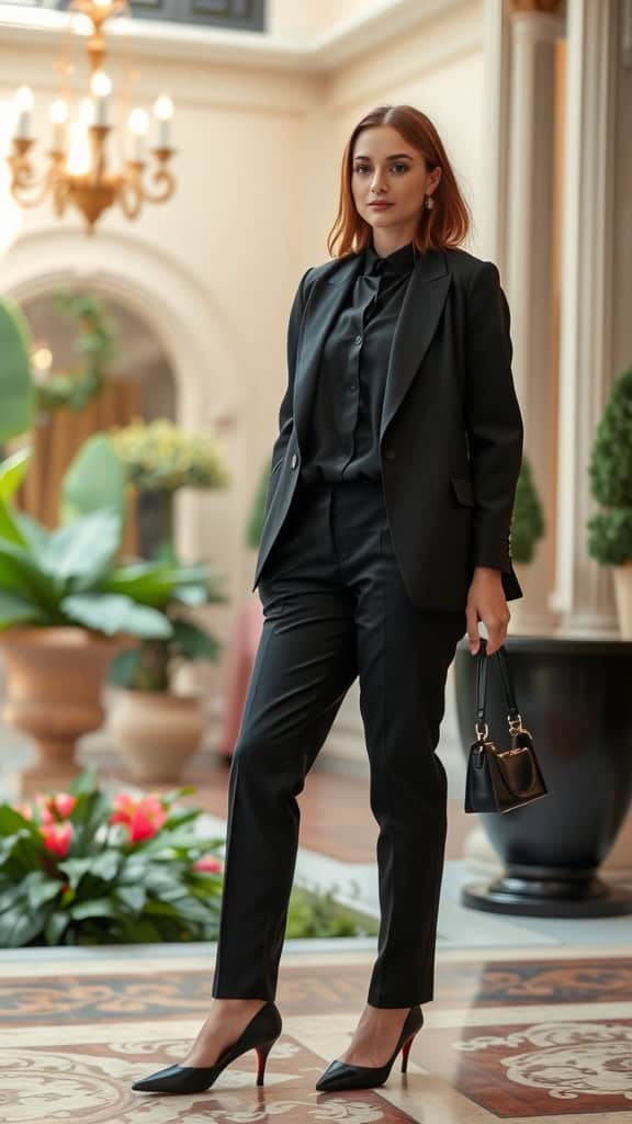 A woman in an all-black suit with pointed heels and a small handbag, exuding a sophisticated business look.