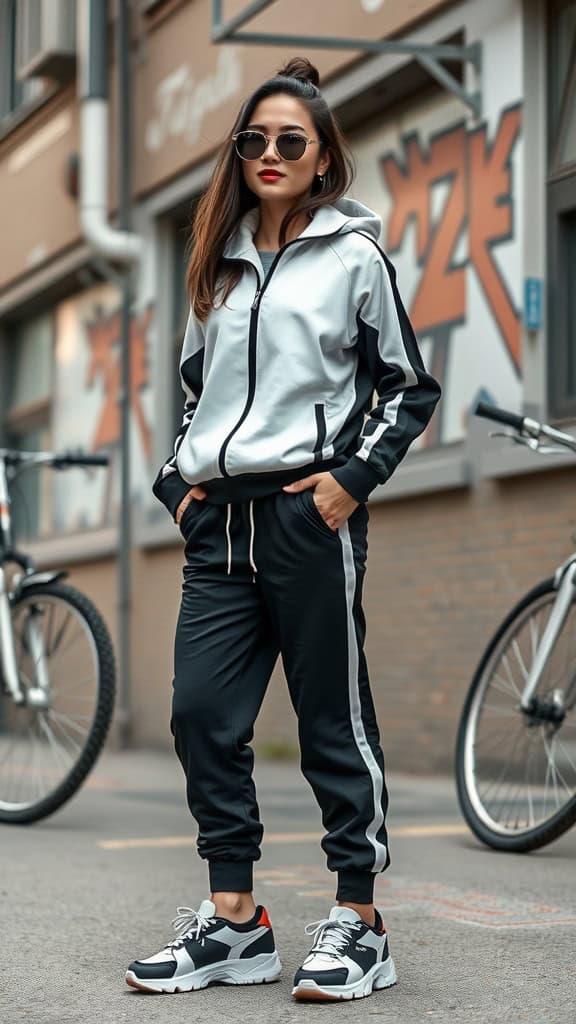 A mannequin displaying a chic monochrome tracksuit with a hoodie and track pants, accessorized with oversized sunglasses.