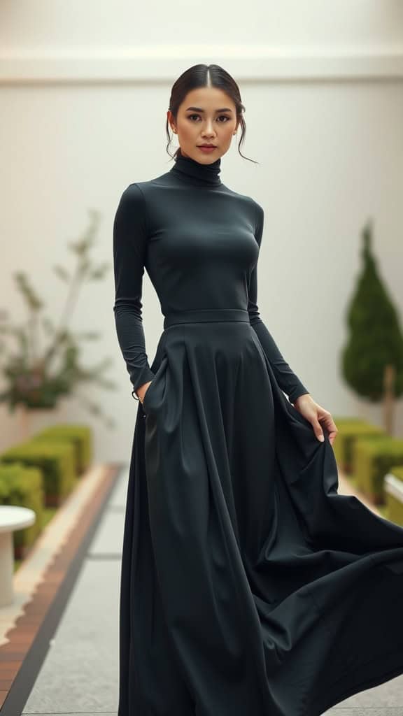 A model wearing a fitted turtleneck and a flowing maxi skirt, showcasing a sleek monochrome outfit.