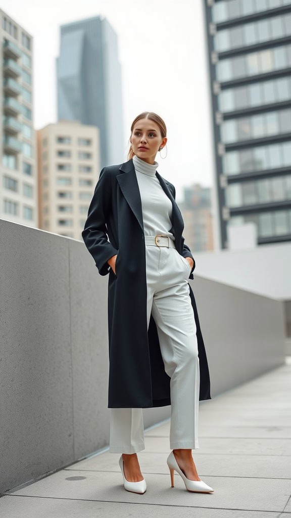 A woman in a white dress with buttons layered under a black coat, wearing a hijab, standing outdoors.