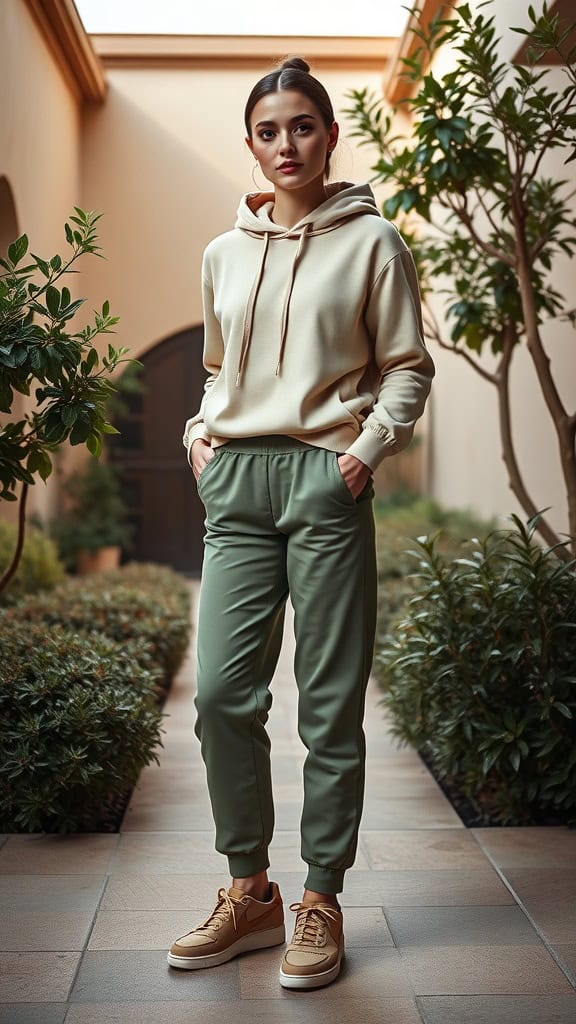 A model wearing olive joggers, a beige hoodie, and tan sneakers, standing in a landscaped area.