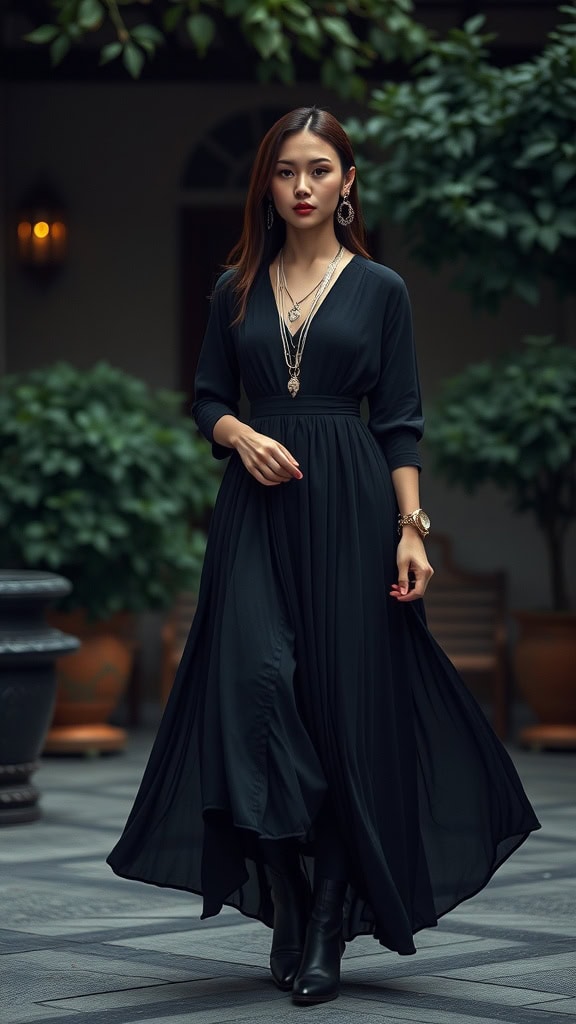 A woman wearing a flowing black maxi dress with silver jewelry and ankle boots, standing in a lush outdoor setting.