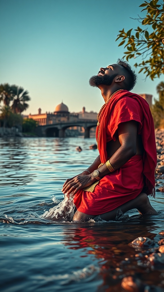 A man kneeling in water, expressing joy and reflection, reminiscent of Naaman's healing journey.