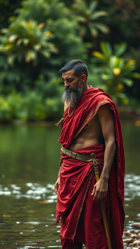 A man in a red robe standing by a calm body of water, deep in thought.