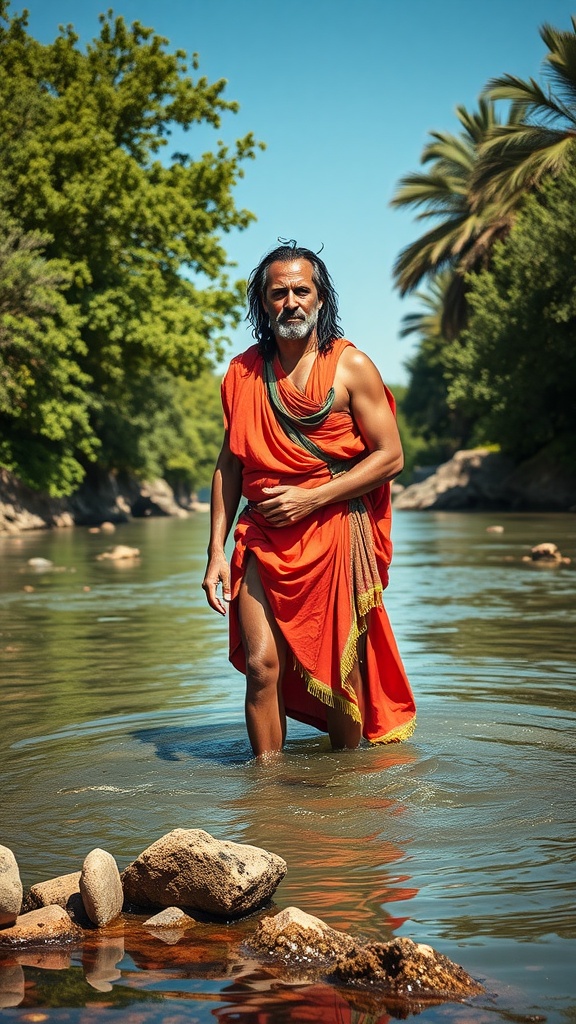 A man in vibrant attire stands in a river, symbolizing Naaman's leap of faith in pursuit of healing.