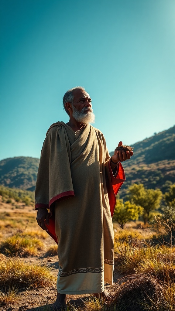 A wise man standing outdoors, holding soil in his hand, with mountains in the background.