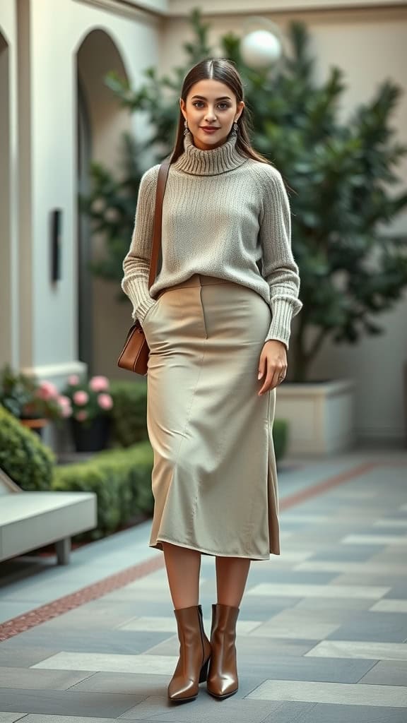 A woman wearing a beige midi skirt, cream sweater, and ankle boots, standing in a stylish outdoor setting.