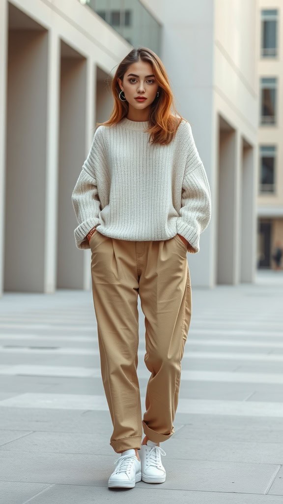 A woman wearing a beige sweater, tan pants, and white sneakers, standing outdoors with potted plants.