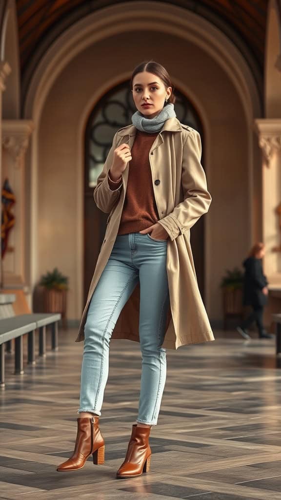 A woman wearing light-wash jeans, a beige trench coat, and brown boots, posing in a stylish manner indoors.