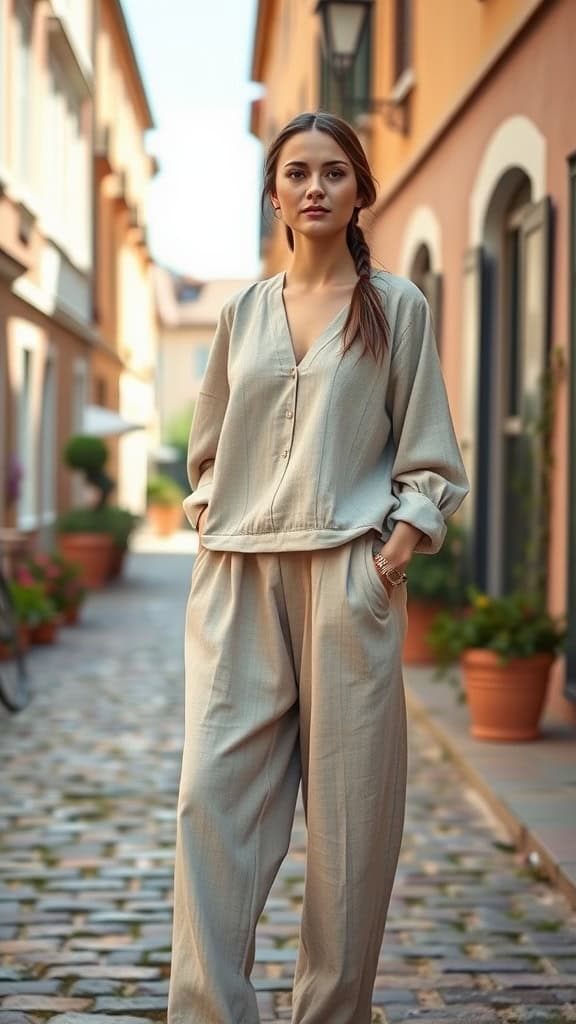 A woman posing in a neutral two-piece outfit on a cobblestone street, showcasing minimalist summer fashion.