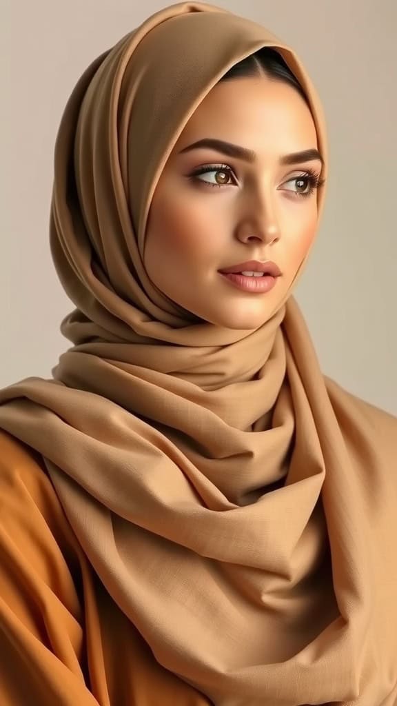 A woman wearing a beige tailored blazer and brown hijab, with a mannequin in the background dressed in a beige outfit, showcasing modern modest fashion.