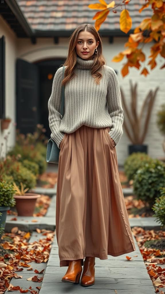 A woman in a neutral knit sweater, a flowing maxi skirt, and ankle boots, standing in a garden with autumn leaves.