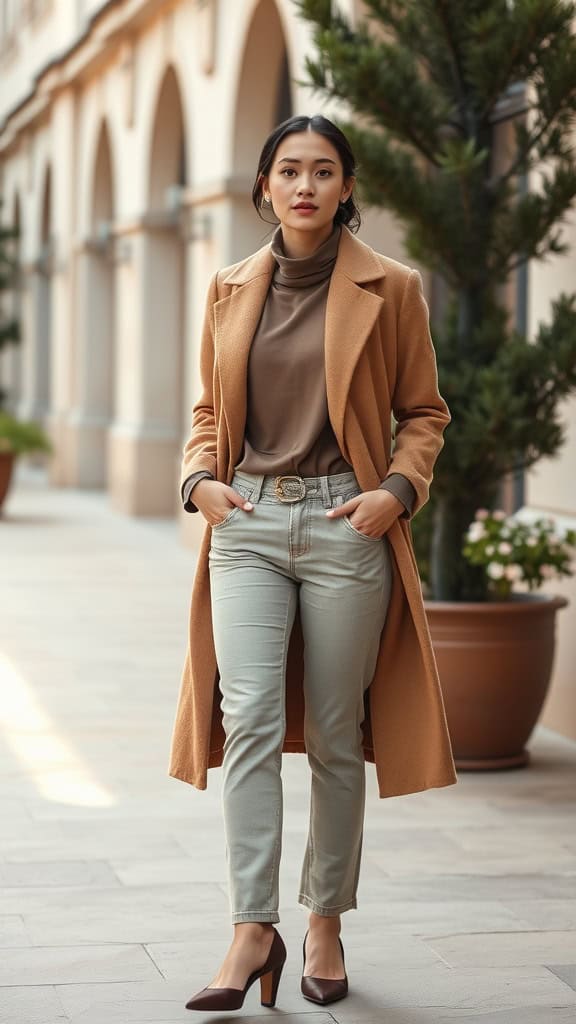 A woman in a camel coat and neutral jeans standing in an outdoor setting