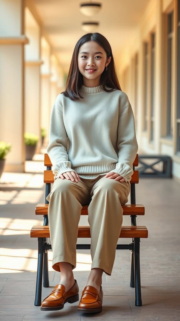 A young woman sitting in a casual outfit featuring beige trousers, a white sweater, and loafers.